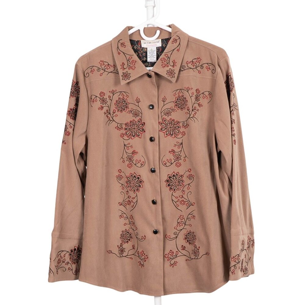 Victor Costa Button Up Shirt Jacket L Womens  Tan Red Black Floral Embroidery